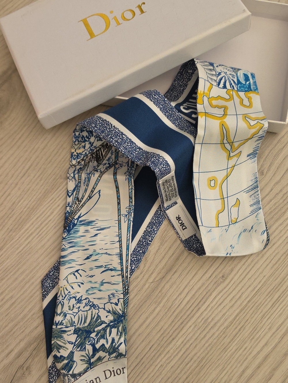 Dior Blue, White & Yellow Silk Twilly Scarf